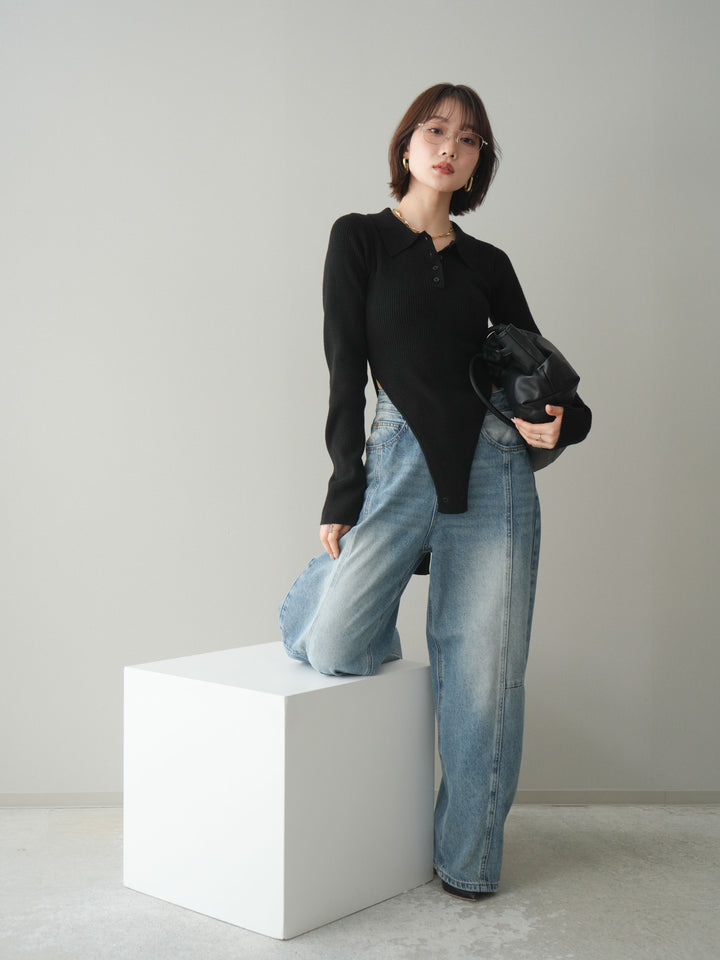 [予約]リブポロニットボディスーツ/black