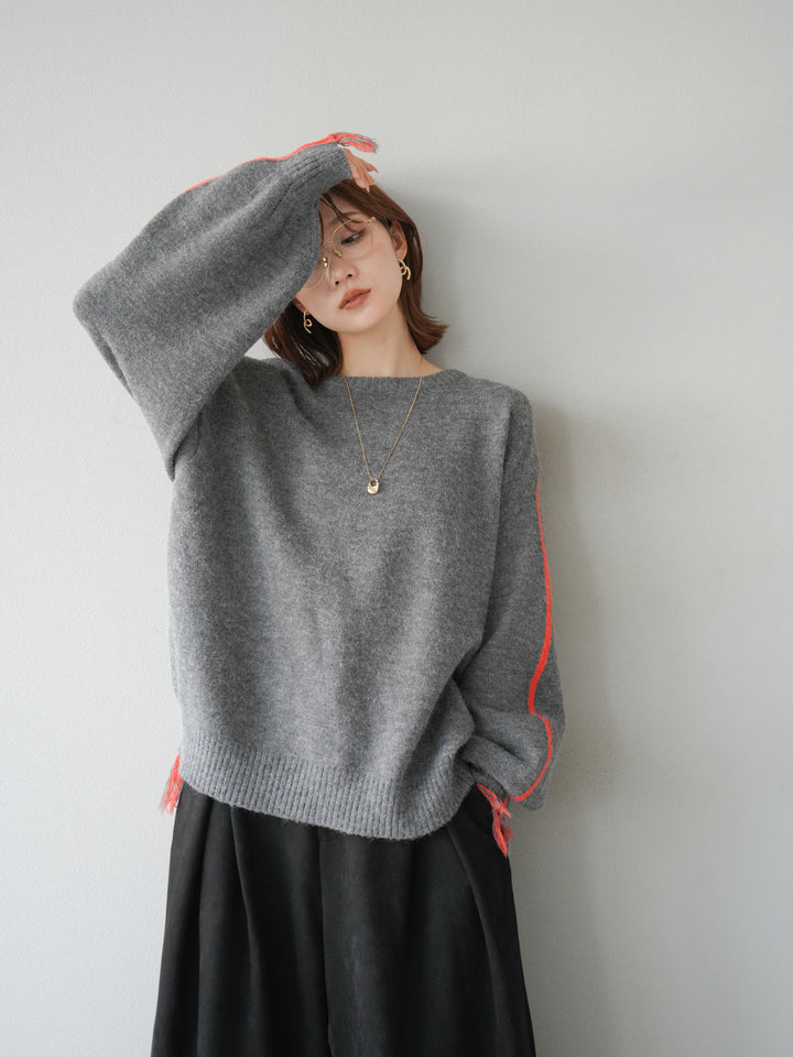 [SET]配色ステッチフリンジニットプルオーバー +スウェードタックワイドパンツ(2set)