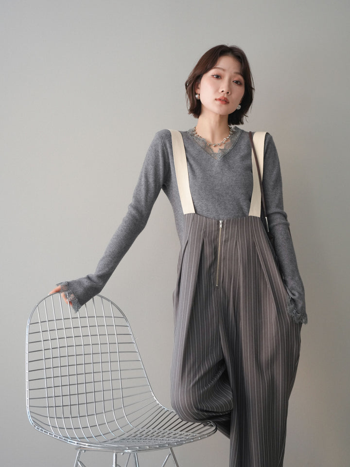 [予約]レースドッキングVネックニットトップス/gray