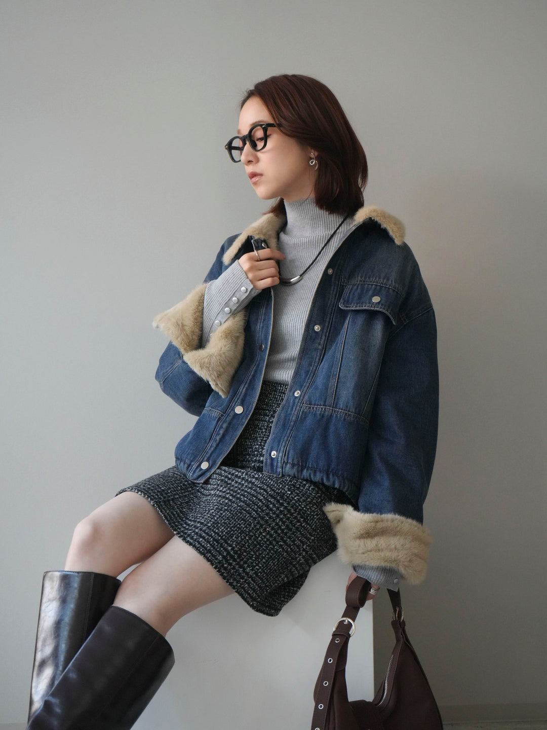 [予約]デニム×ファーステンカラーショートジャケット/blue