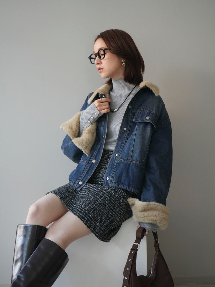 [予約]デニム×ファーステンカラーショートジャケット/blue