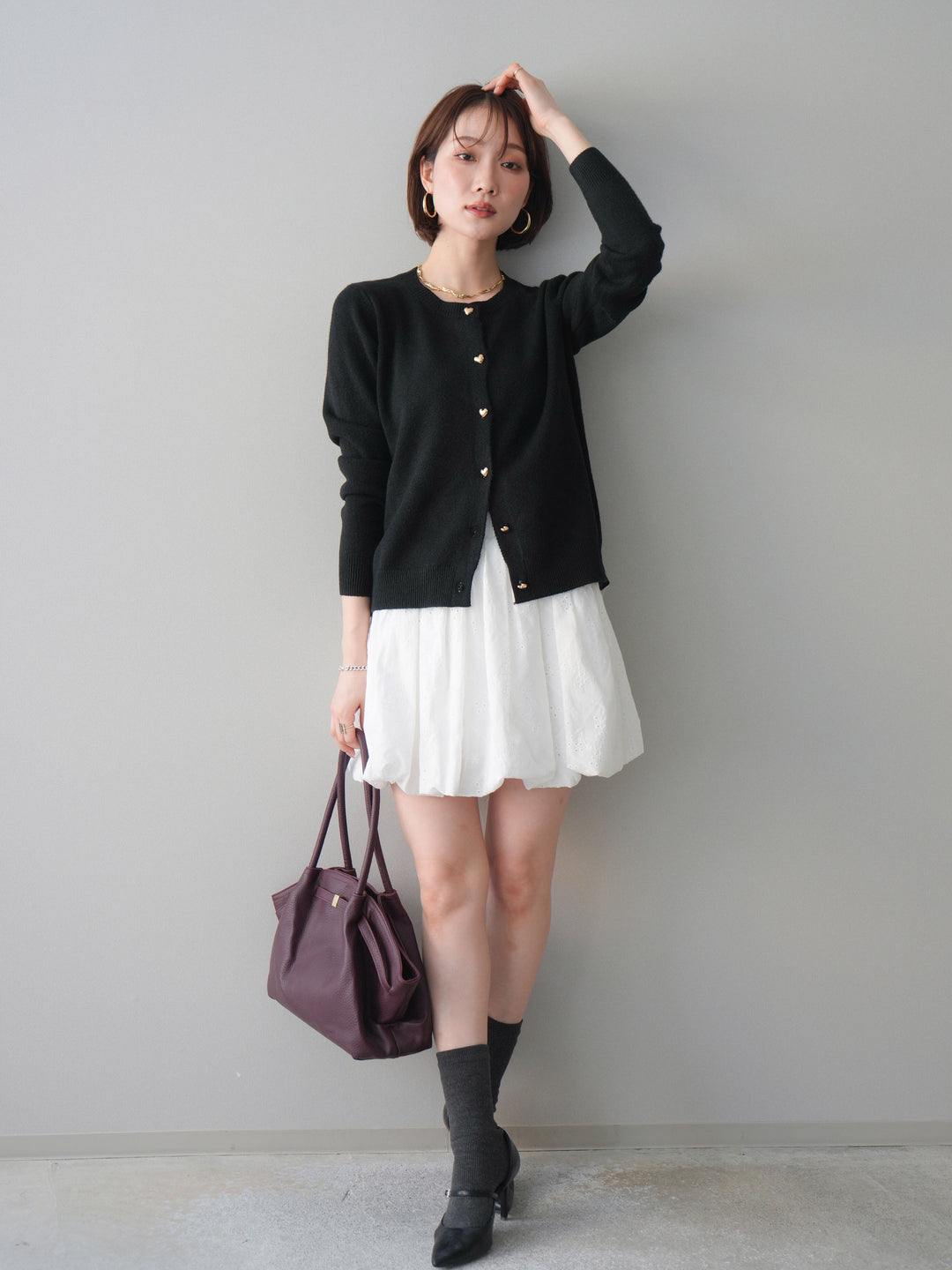 [SET]ハートボタンニットカーディガン+コットンライクレースバルーンミニスカート(2set)