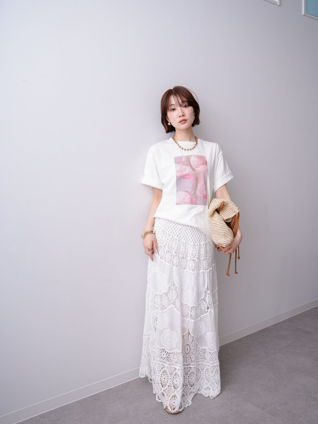 [SET]ニュアンスフローラルフォトTEE+クロシェマキシスカート(2set)