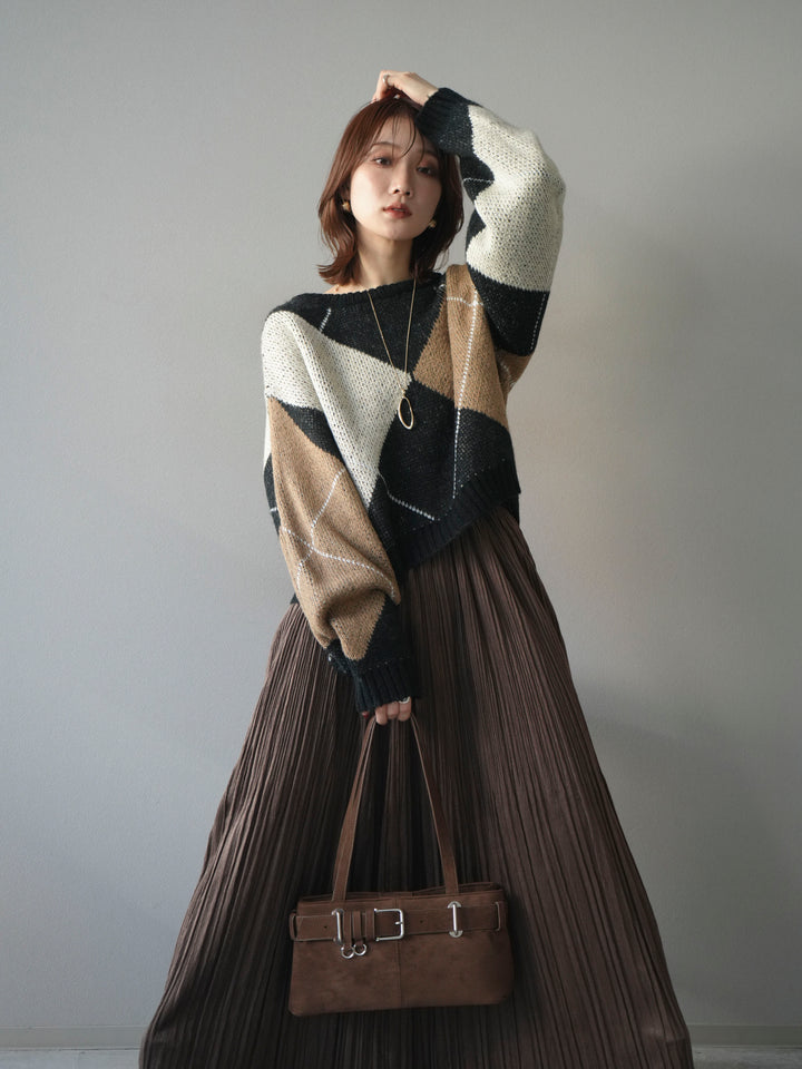 [SET]配色ステッチアーガイル柄ニットプルオーバー+裾レーススウェードプリーツマキシスカート(2set)
