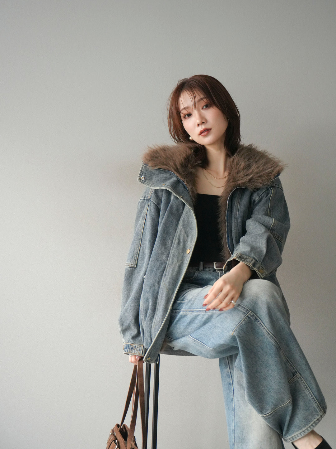 [予約]デニムxファーブルゾン/denimbrown