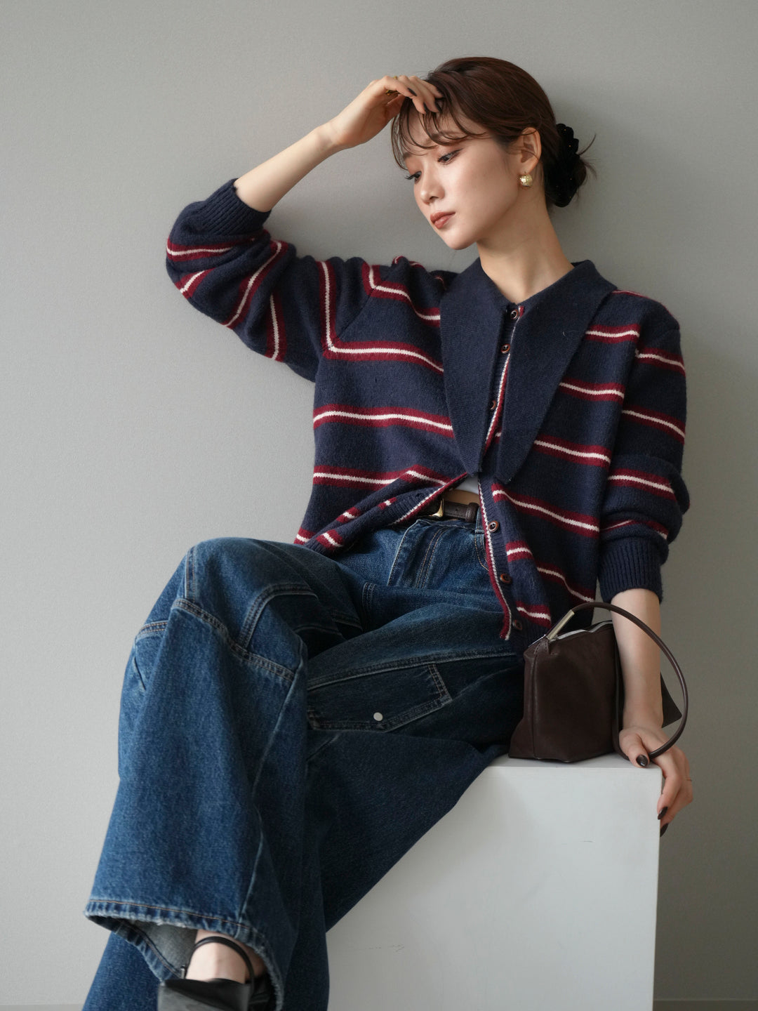 [予約]ボウタイボーダーニットカーディガン/navy