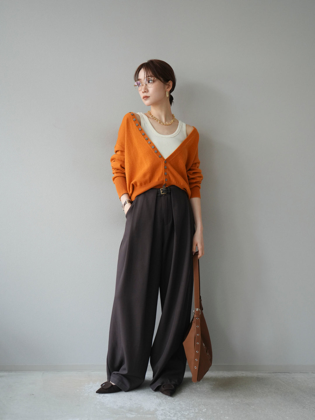 [予約]デザインボタンニットカーディガン＆タンクトップSET/オレンジ