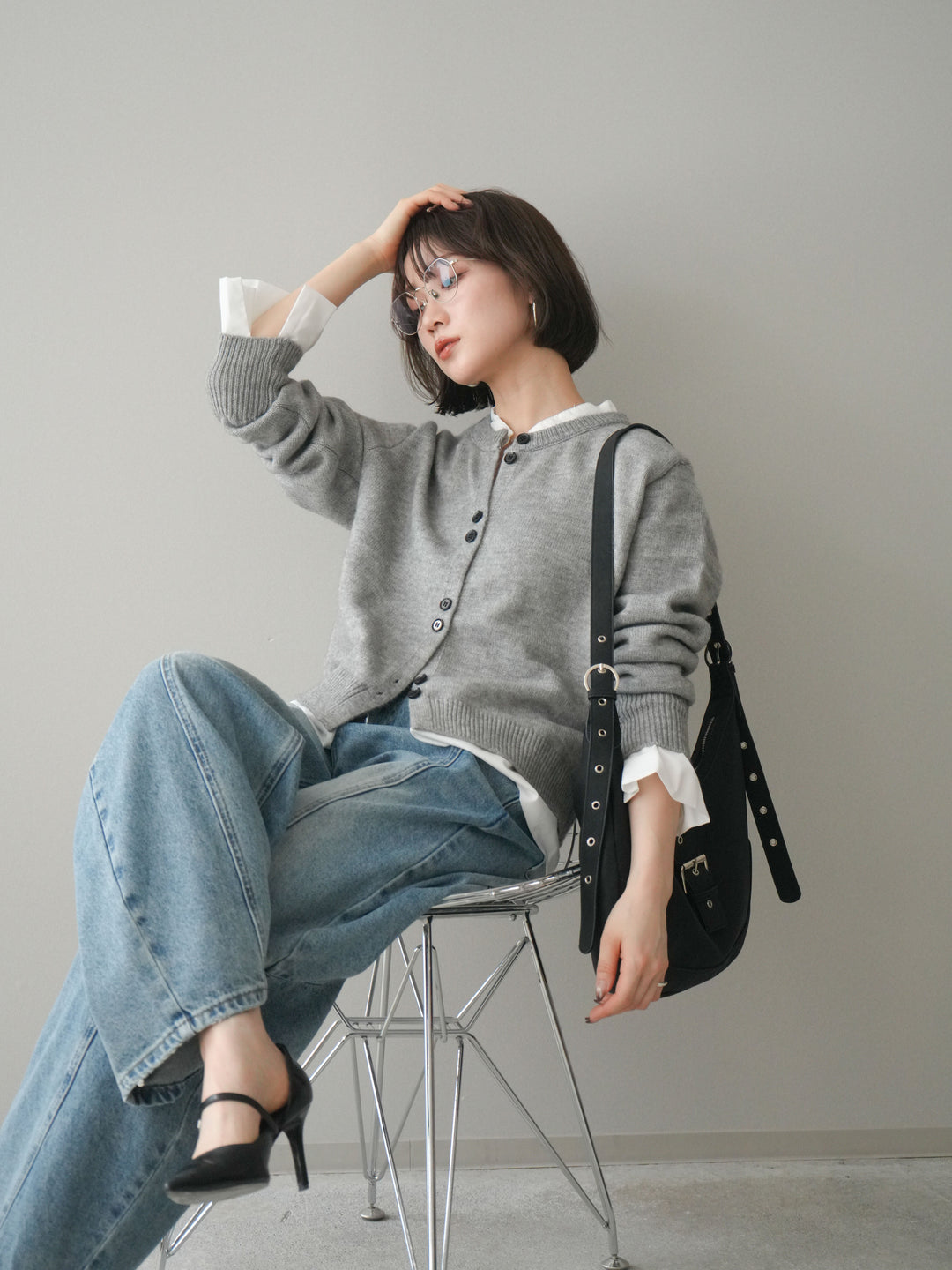 [SET]布帛ドッキングニットカーディガン+ガーメントウォッシュカーブデニムパンツ(2set)