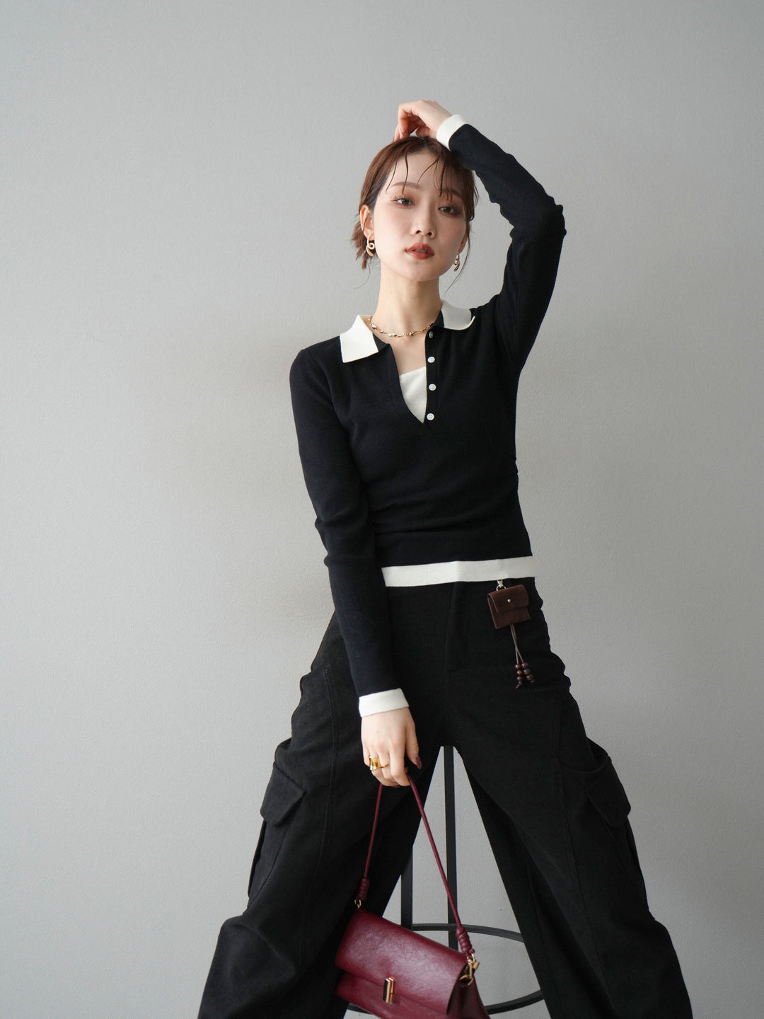 [予約]レイヤード配色ポロニットトップス/black