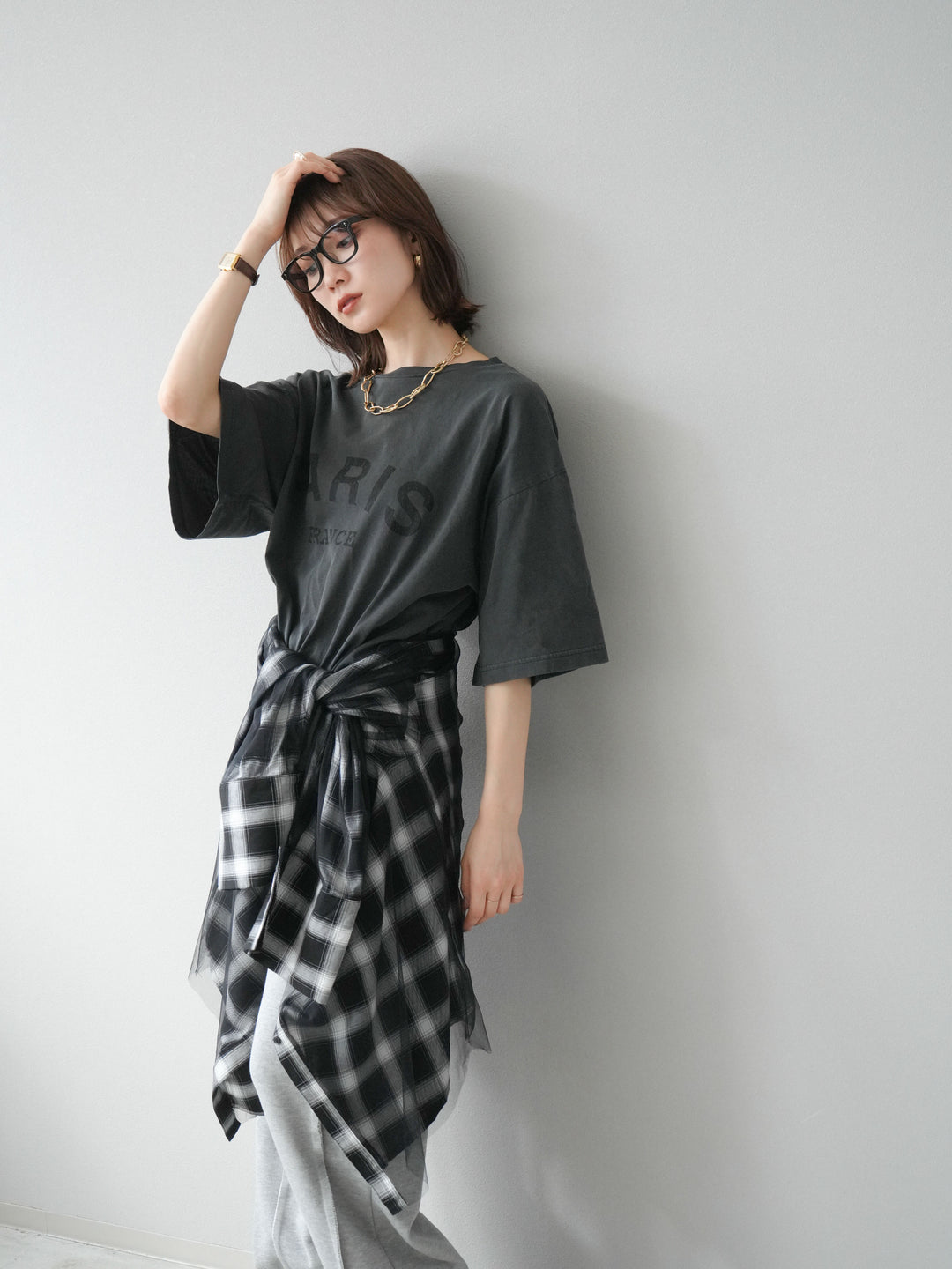 [SET]ピグメントロゴプリントTシャツ+2WAYデザインスウェットパンツ+チュールドッキングチェック柄オーバーサイズシャツ(3set)