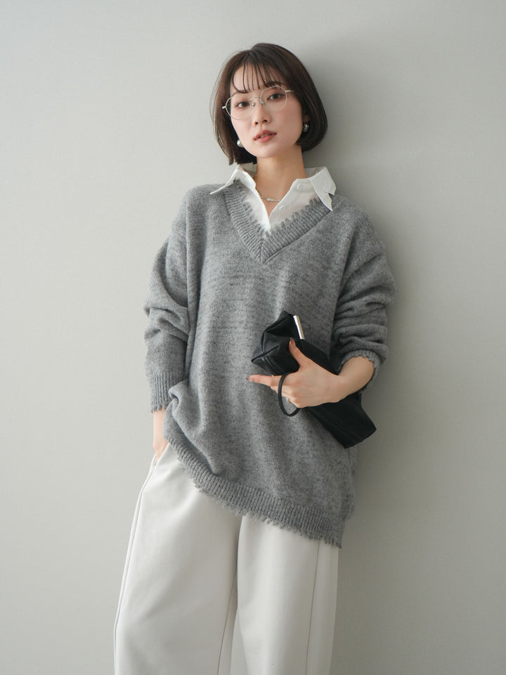 [予約]シャツドッキングVネックフリンジニットプルオーバー/gray