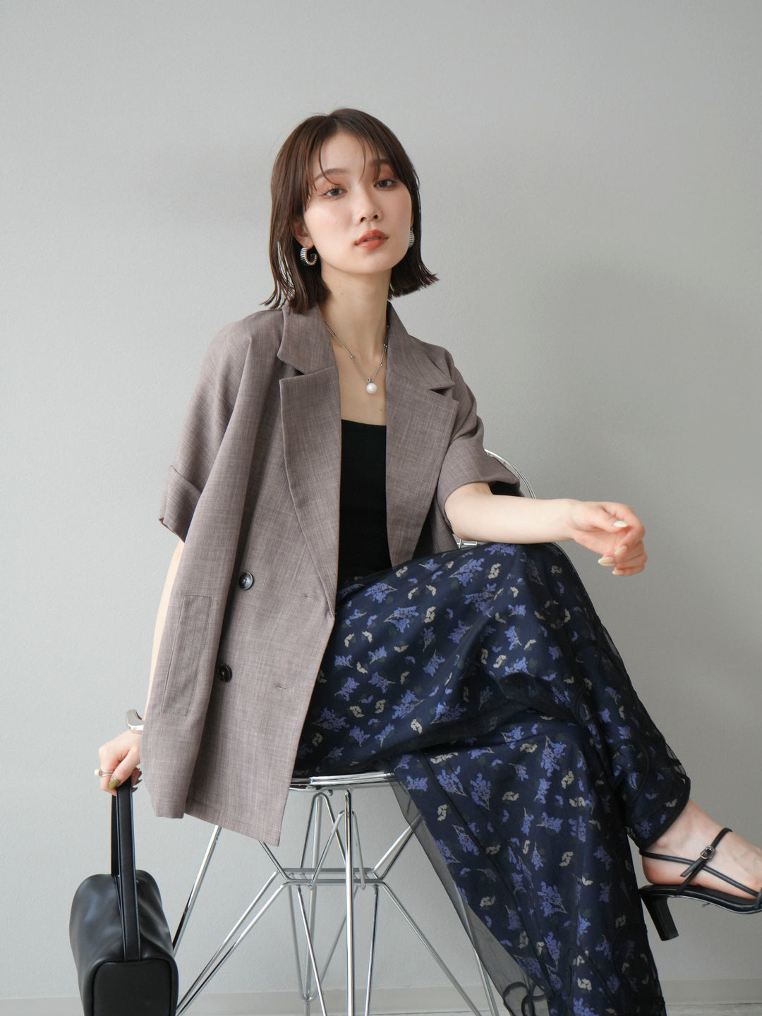 [SET]リネンライクハーフテーラードジャケット+コード刺繍チュールレイヤードパンツ(2set)