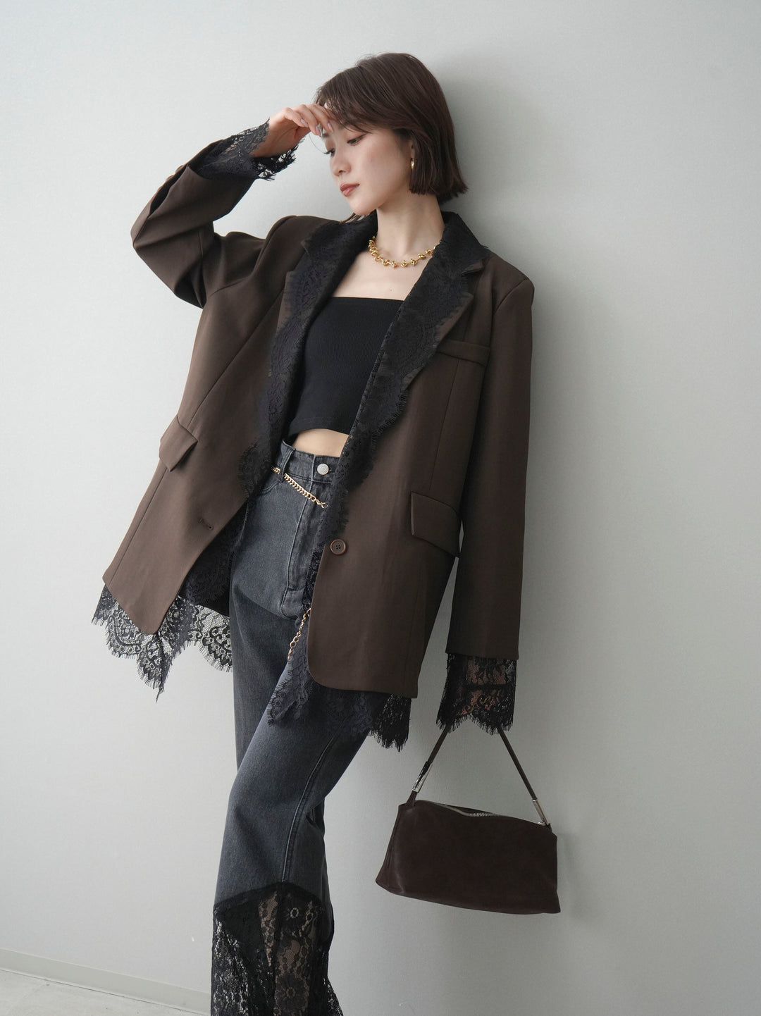 [予約]レースドッキングオーバージャケット/brown