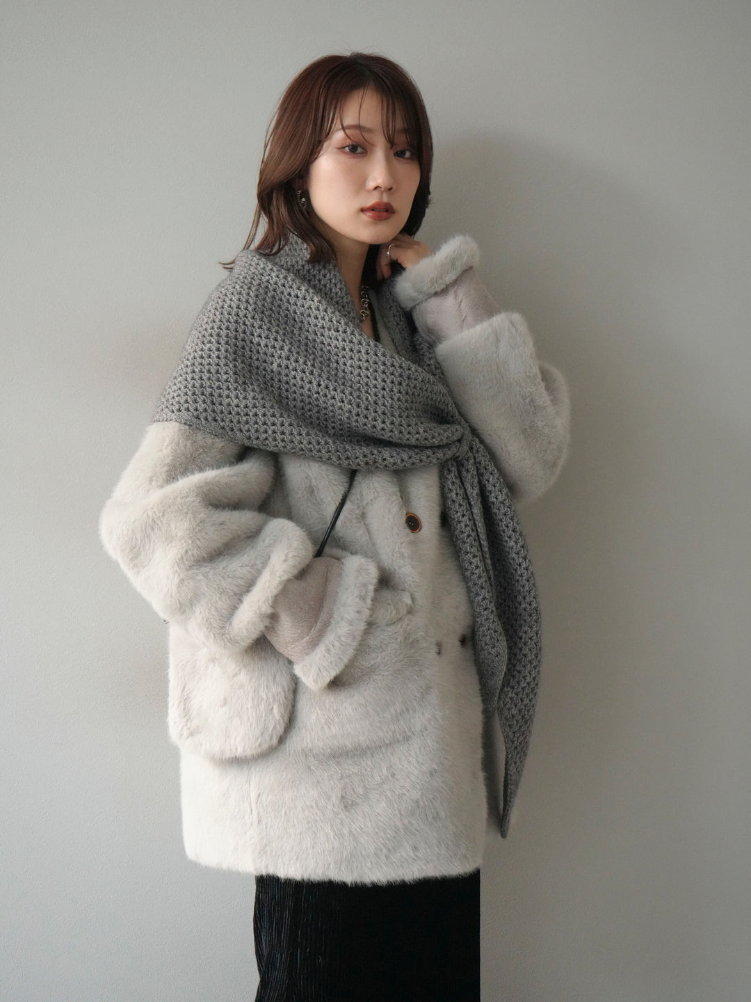 [予約]バッグ付エコファーノーカラーコート/gray