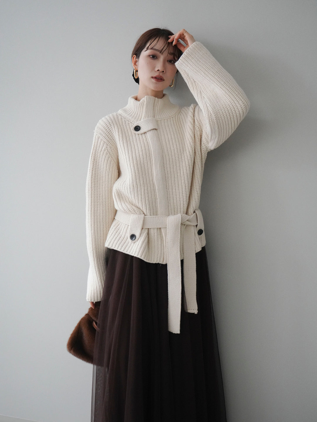 [予約]畦編みボトルネックZIPニットカーディガン/white