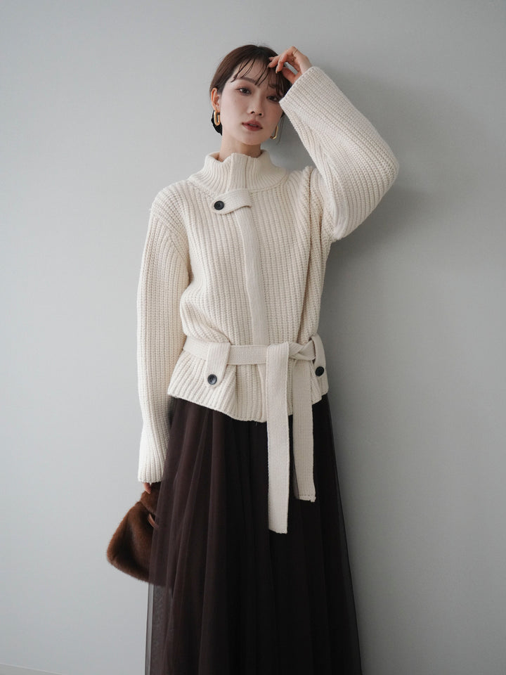 [予約]畦編みボトルネックZIPニットカーディガン/white