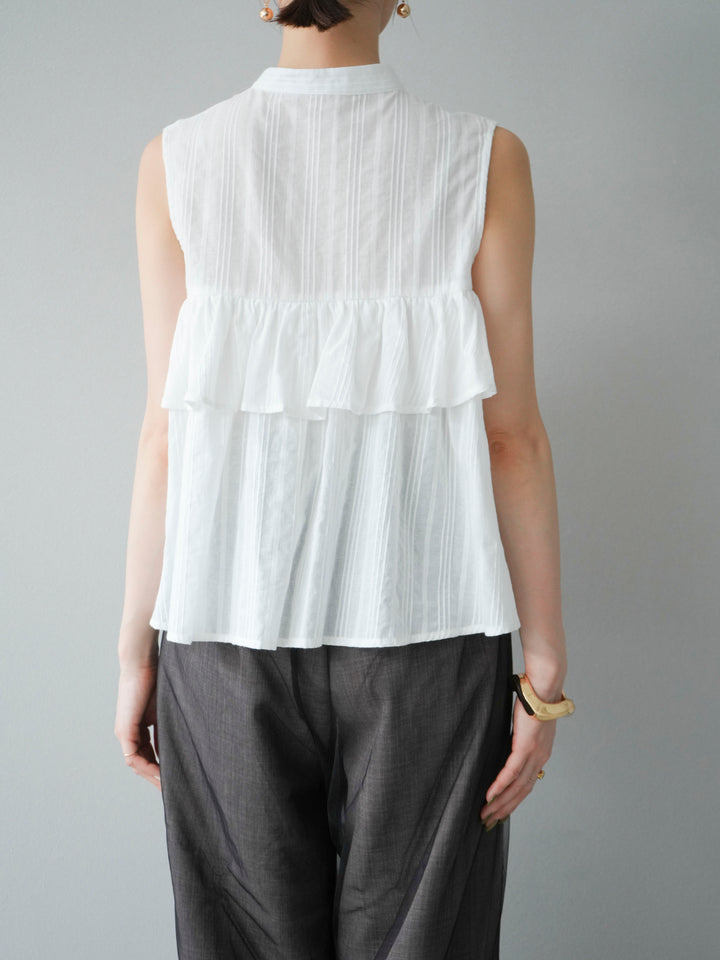 [予約]ドビーストライプアシンメトリーフリルノースリブラウス/ホワイト