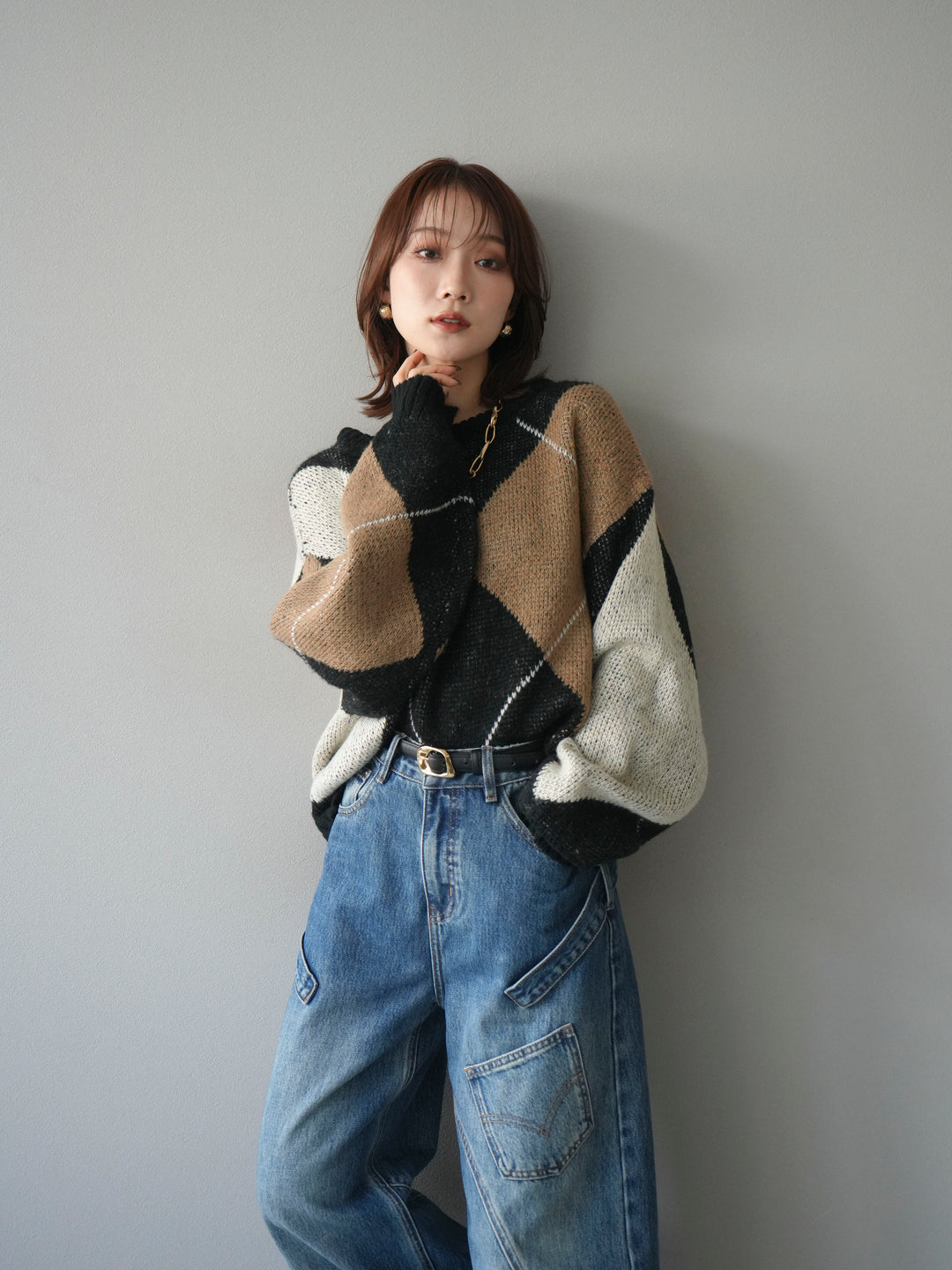 [SET]配色ステッチアーガイル柄ニットプルオーバー+ペインターカーブデニムパンツ(2set)