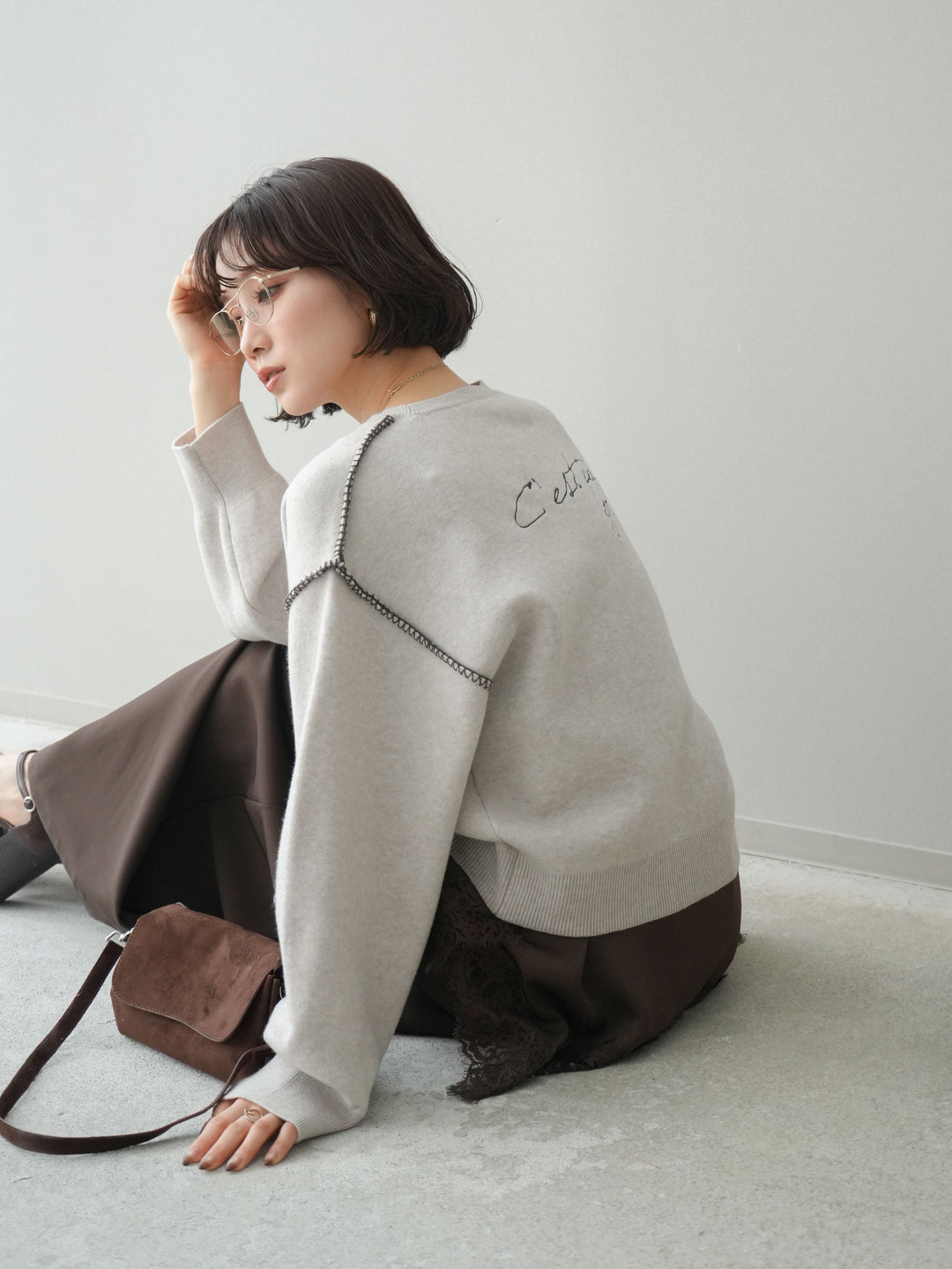 [SET]バックロゴ刺繍配色ステッチニットプルオーバー+選べるアクセセット(2set)