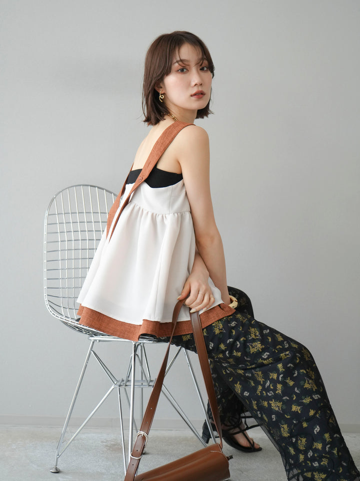 [SET]コード刺繍チュールレイヤードパンツ+ブーケプリントタックパンツ(2set)