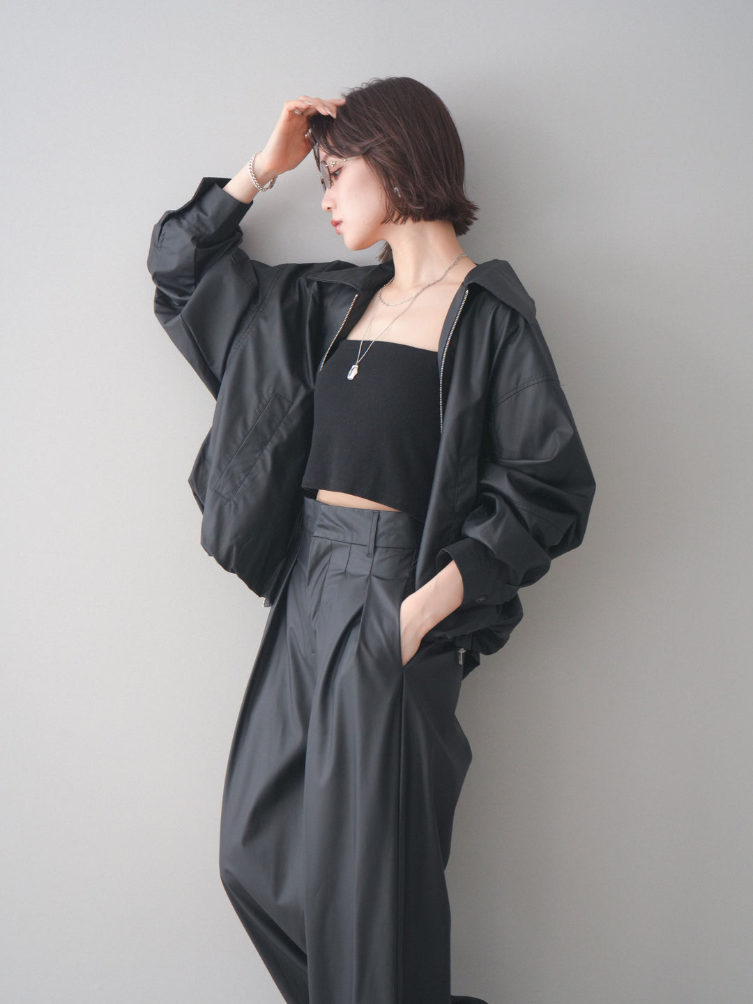 [予約]ウォッシャブルフェイクレザーバルーンジャケット/black