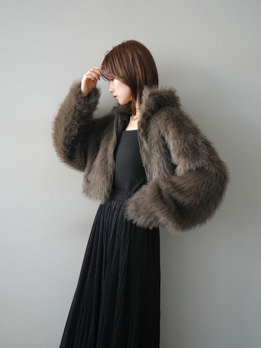 [予約]フェイクファーショートZIPジャケット/brown