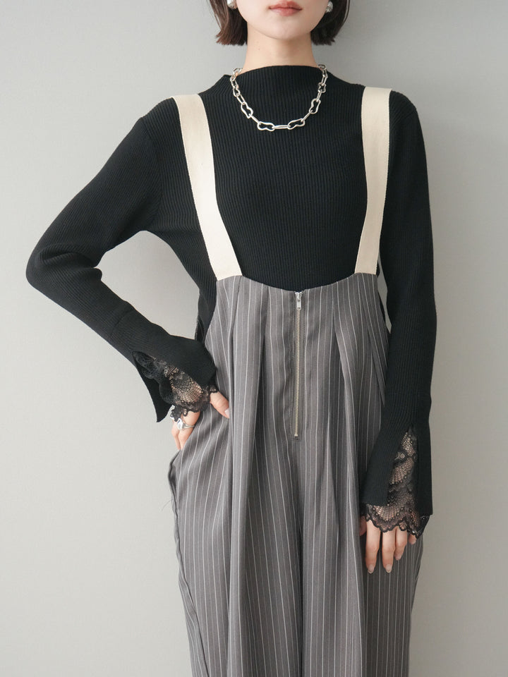 [SET]袖スカラップレースオフネックニットトップス+グログランテープストライプサロペット(2set)