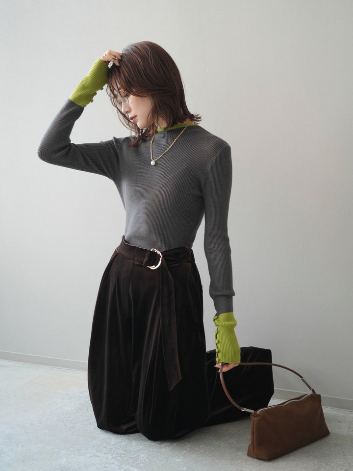 [予約]袖ボタンハイネック配色リブニットトップス/charcoal