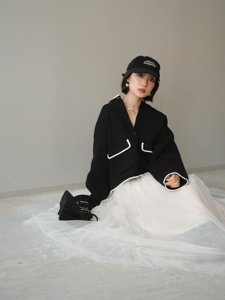 [SET]ポリエステル配色ニットカーディガン+チュールボリュームスカート(2set)