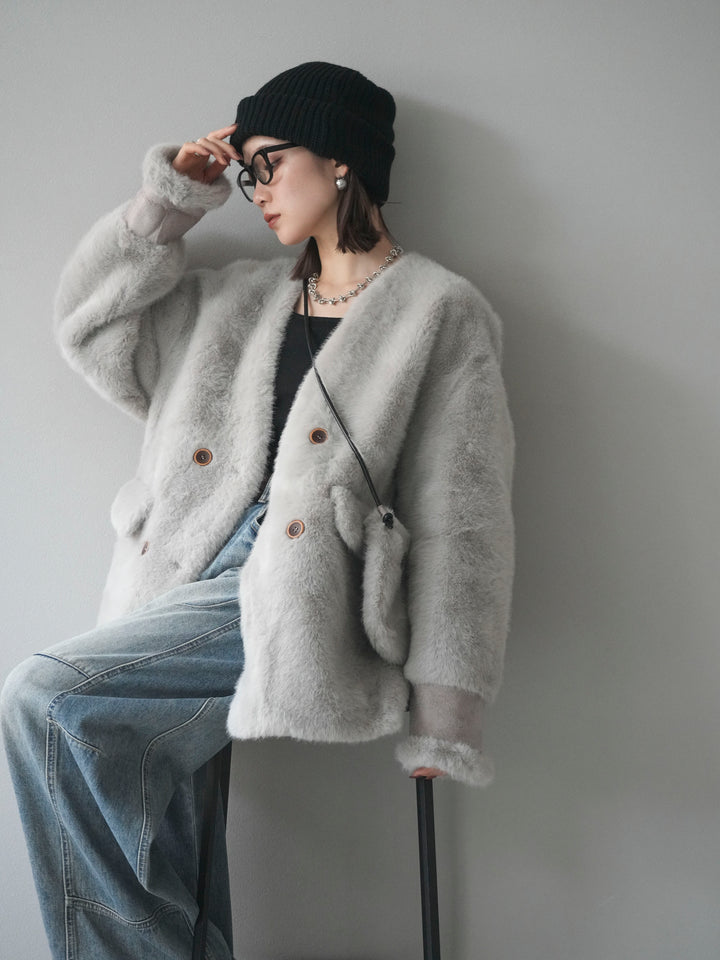 [SET]バッグ付エコファーノーカラーコート+ベルト付カーブデニムパンツ(2set)