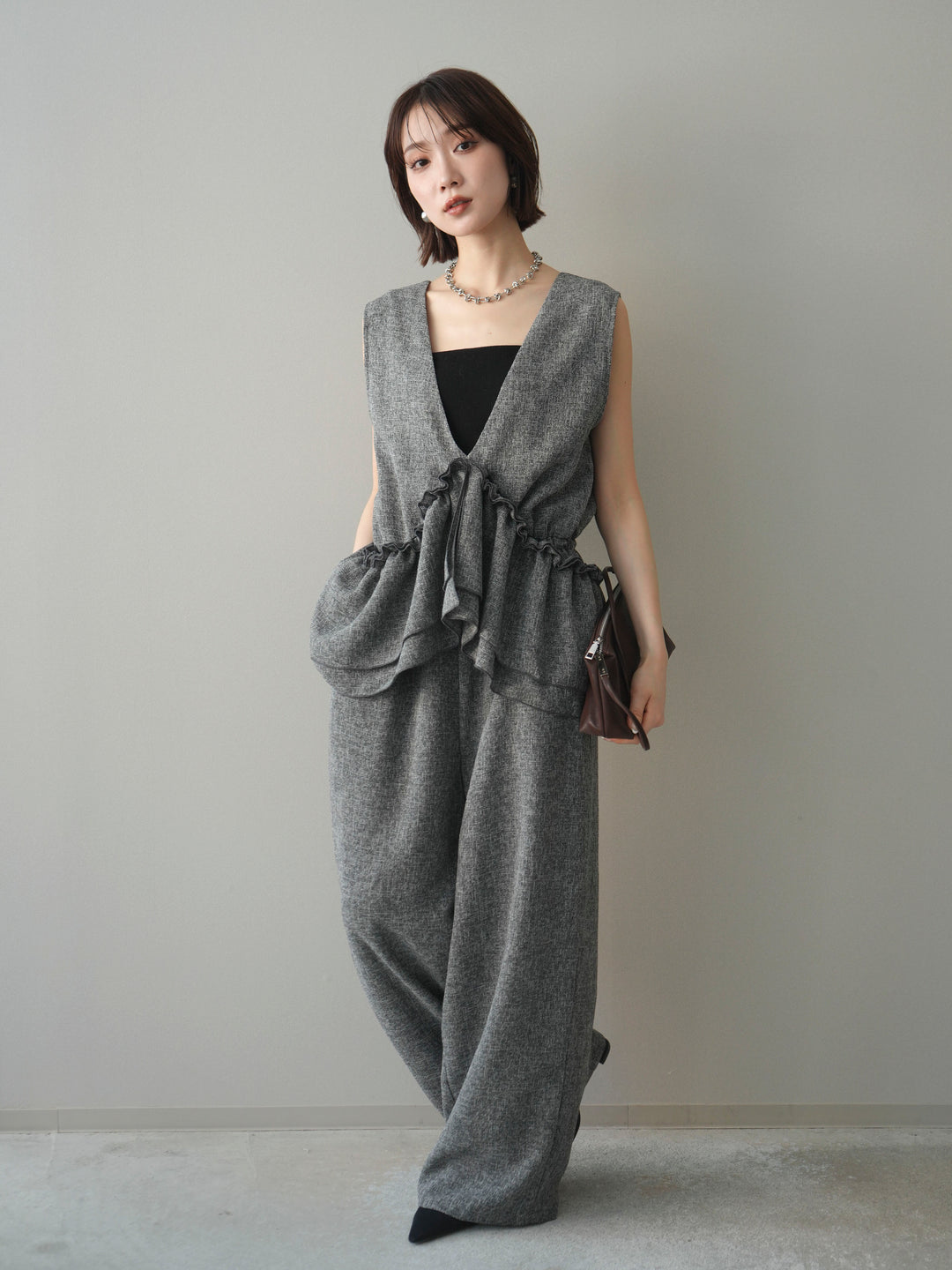 [SET]3WAYミックスツイードギャザーオールインワン+選べるアクセセット(2set)