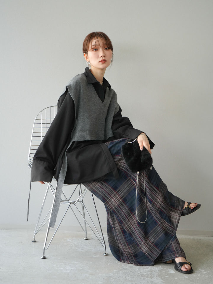 [予約]サイドリボンVネックショートニットベスト/チャコール