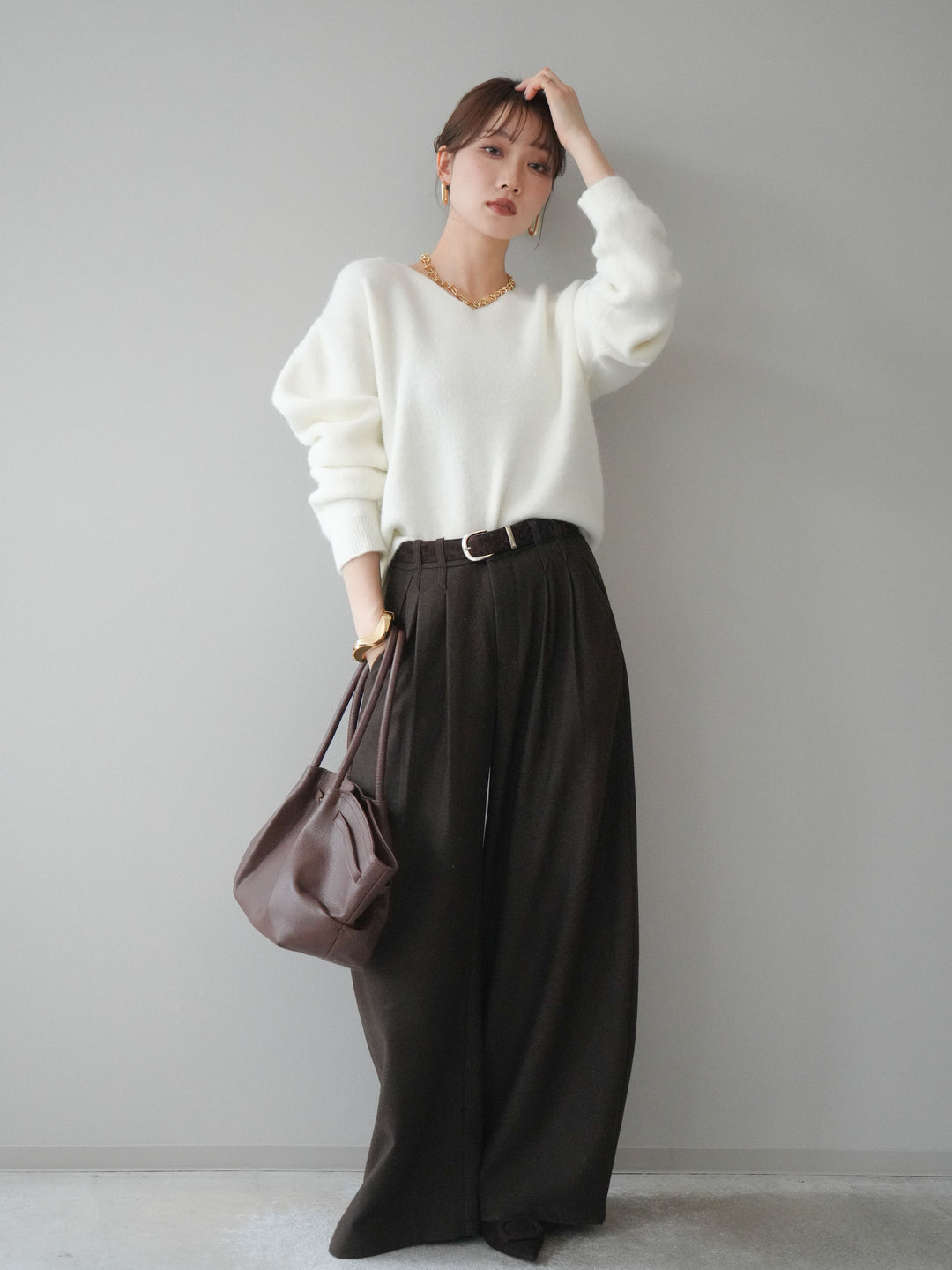 [予約]アニマル柄ベルト付きウールタッチワイドパンツ/brown