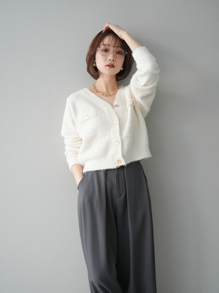 [SET]ゴールドボタンモールニットカーディガン+ベルトループデザインワイドパンツ(2set)