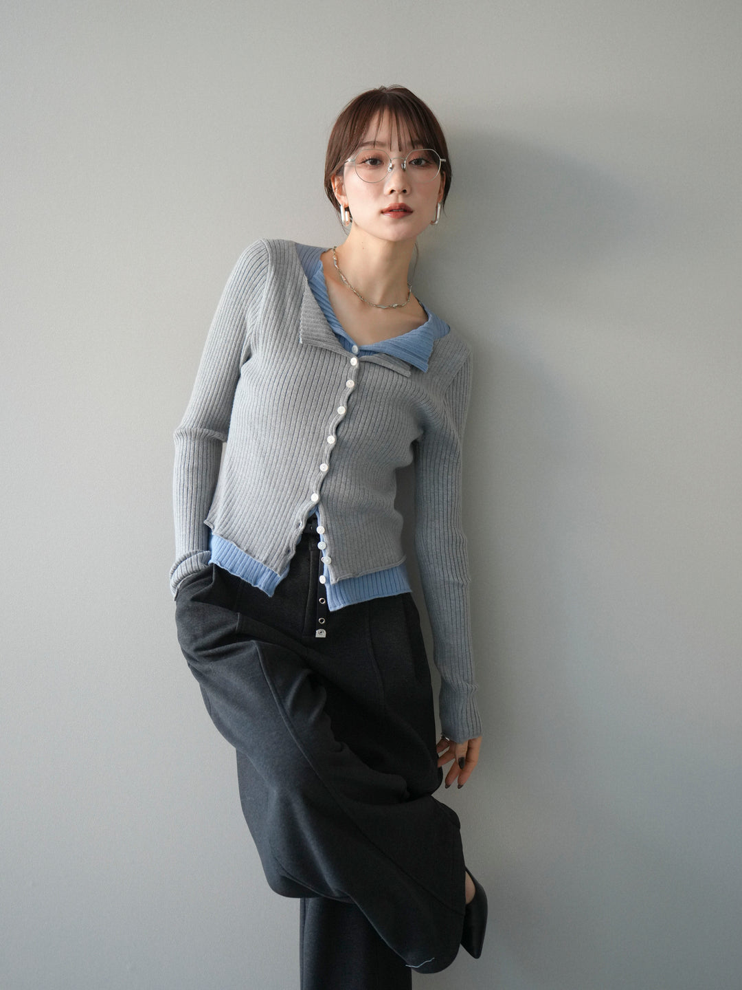 [予約]配色レイヤードリブニットカーディガン/gray