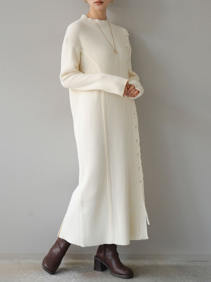 [SET] 不對稱繫帶高領針織連身裙 + 可選飾品套裝 (2套)