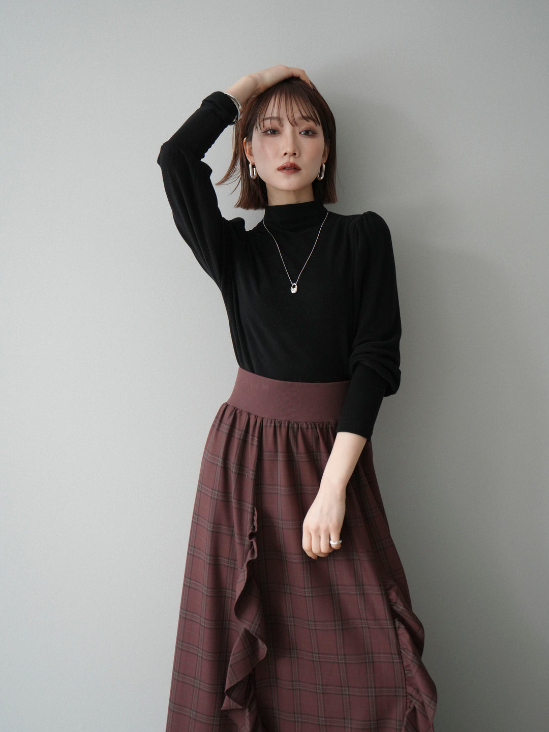 [予約]プチネックパワーショルダー起毛トップス/black