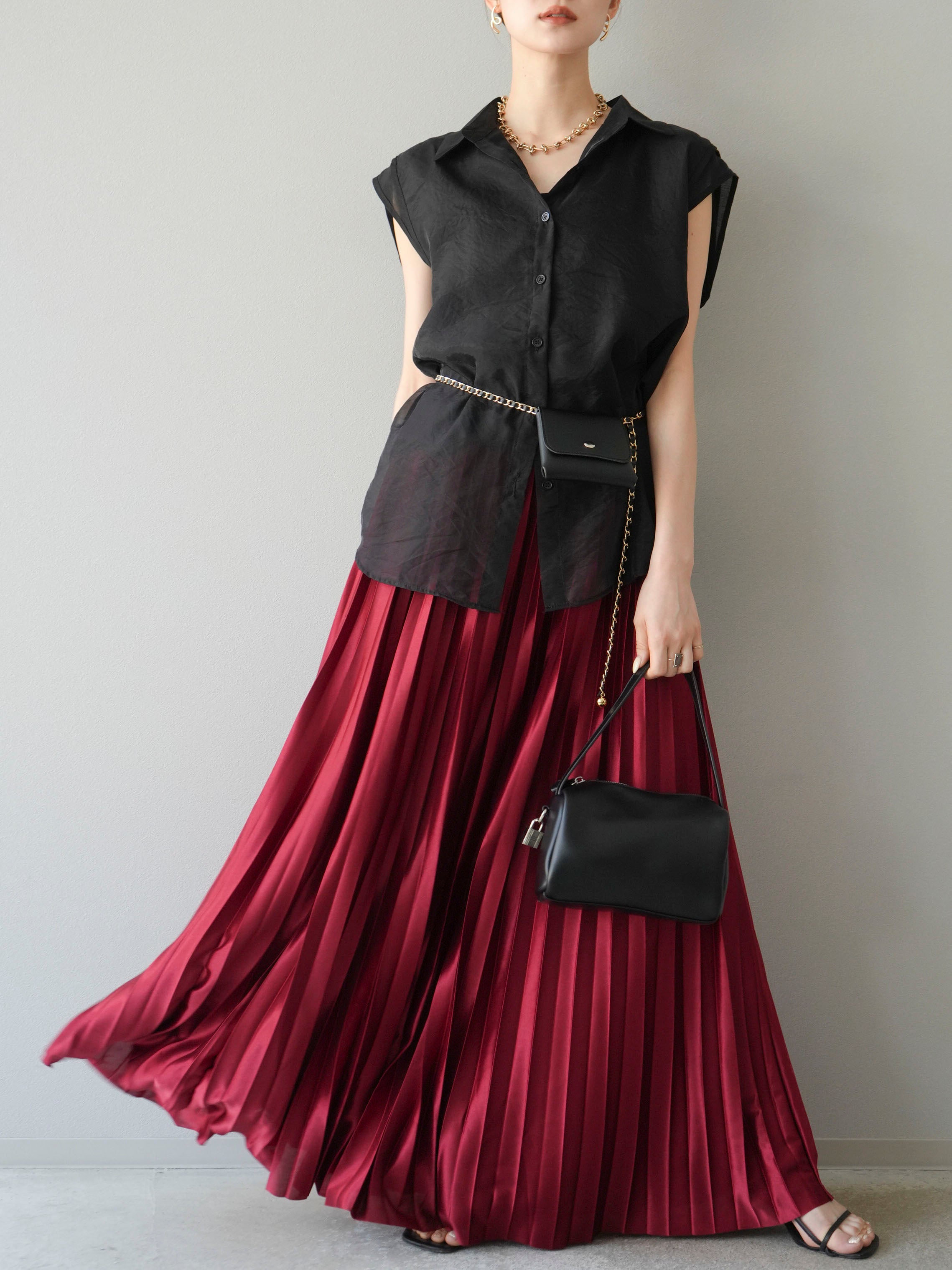 AD2022 ポリエステルサテンボリュームフレアスカート 赤 archive 予約]サテンプリーツマキシスカート/ボルドー – Lumier