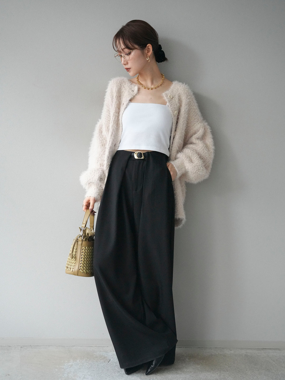 [SET]クルーネックランダムシャギーカーディガン+ベルトループデザインワイドパンツ(2set)