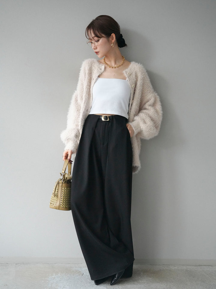 [SET]クルーネックランダムシャギーカーディガン+ベルトループデザインワイドパンツ(2set)