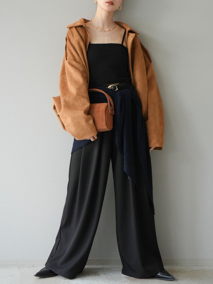 [預購] 皮帶環設計寬褲/黑色