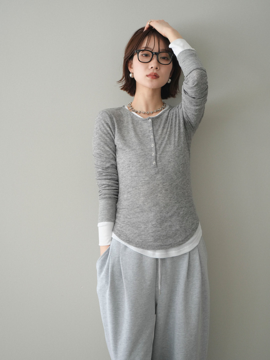 [予約]シアーリブヘンリーネックロンT/gray