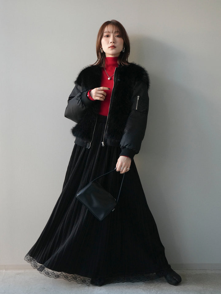 [SET]ファードッキングMA-1+袖ボタンボトルネックリブニットトップス+裾レーススウェードプリーツマキシスカート(3set)