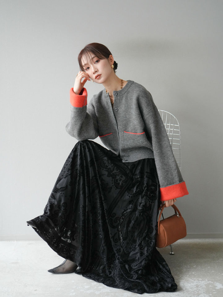 [SET]バイカラーオーバーニットカーディガン+アンティーク柄フロッキーマキシスカート(2set)
