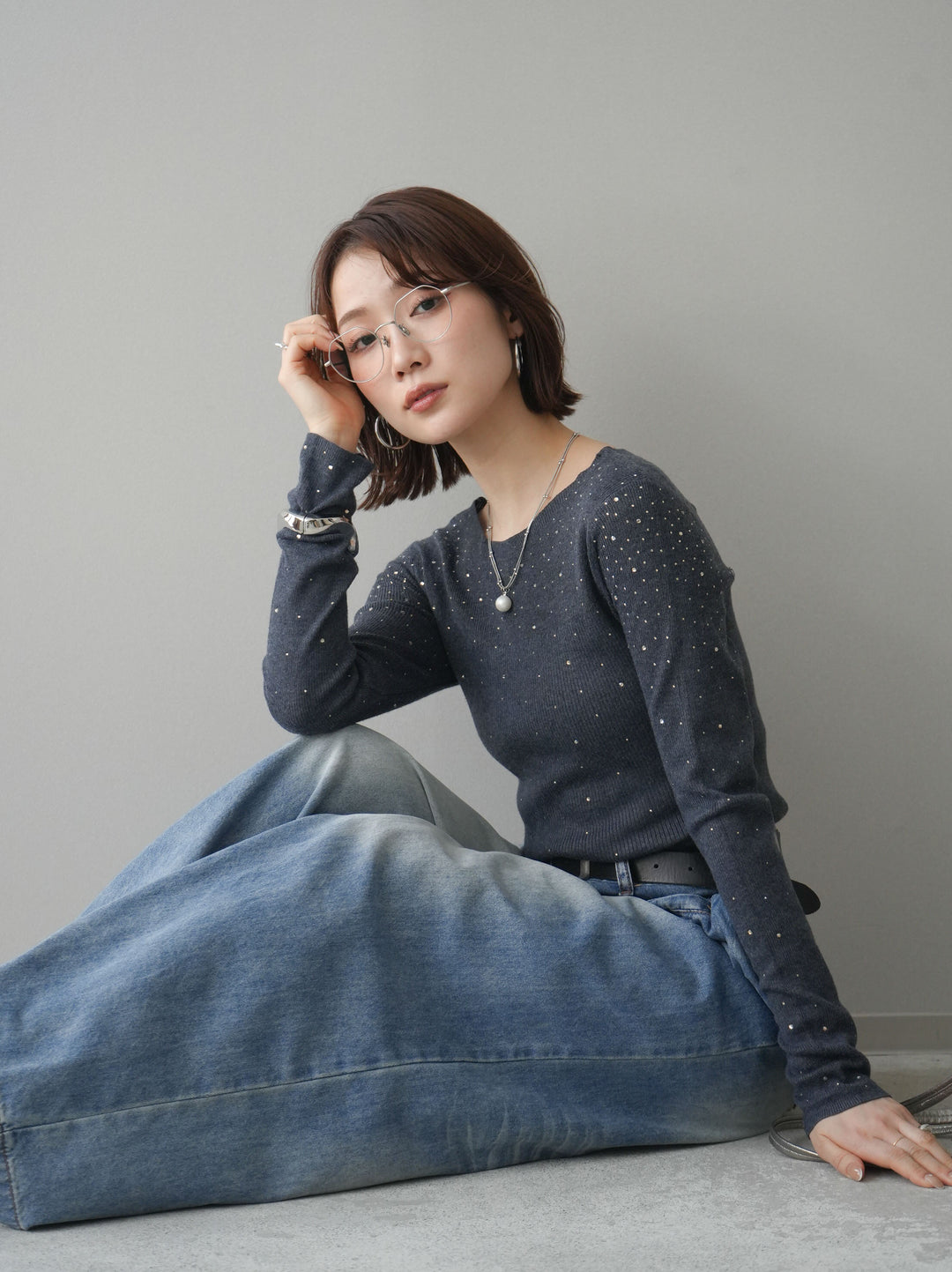 [SET]スパンコールシアーニットトップス+フロントポケットサイドタックワイドデニム(2set)