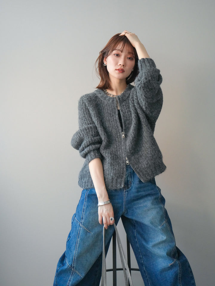 [予約]MIXヤーンモヘアタッチZIPニットカーディガン/gray