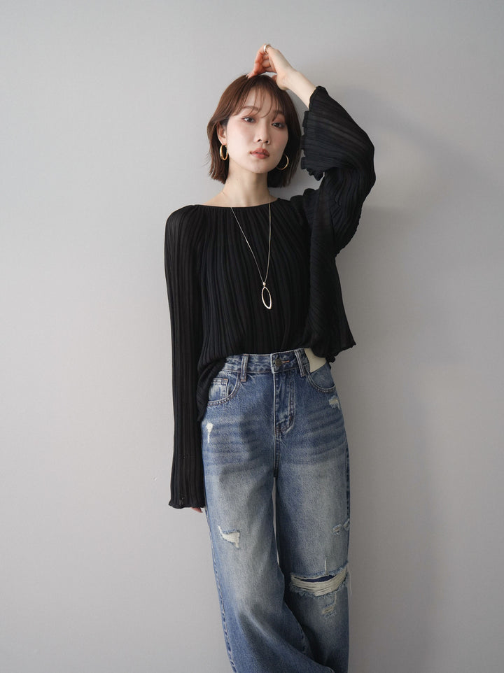 [SET]プリーツシアーフレアスリーブニットトップス+選べるアクセセット(2set)