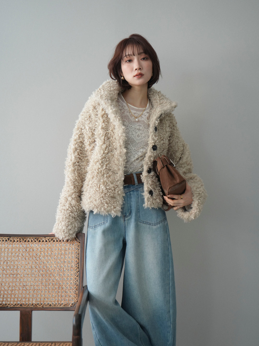 [SET]プードルファーミドルスタンドブルゾン+チュールレーストップス+ベルト付裏起毛カーブデニムパンツ(3set)