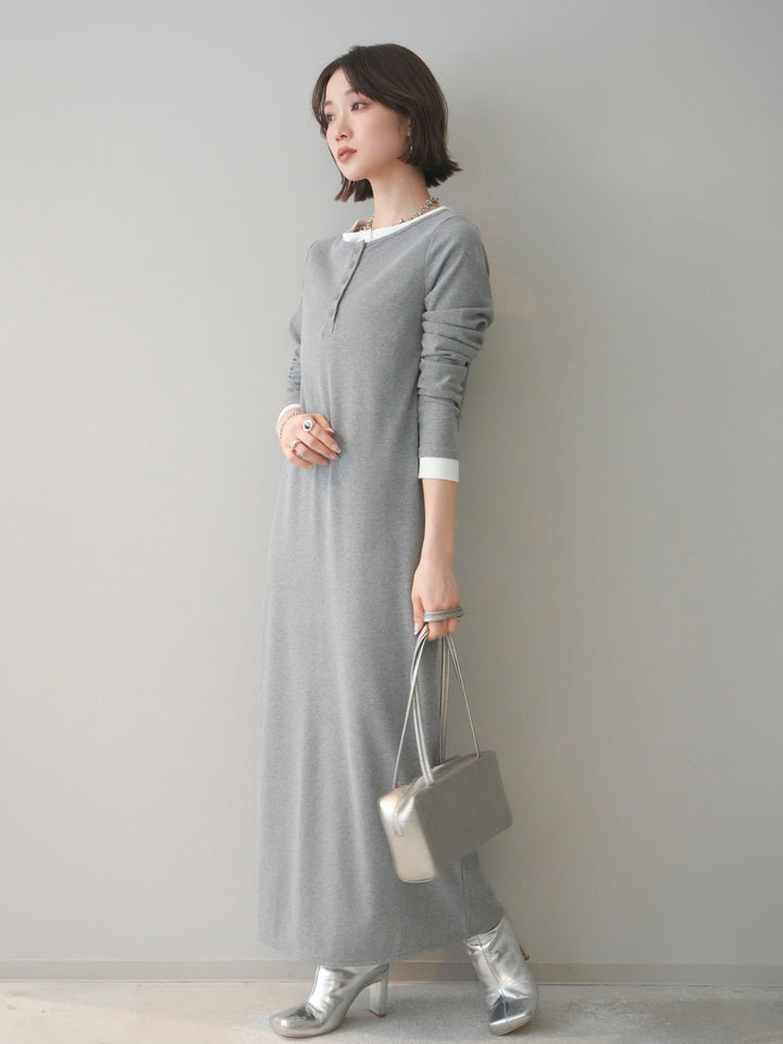 [SET]配色レイヤードヘンリーネックカットリブワンピース+選べるアクセセット(2set)