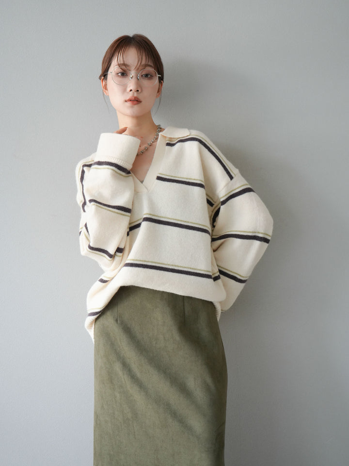 [SET]ポロ襟スキッパーボーダーニットプルオーバー+スウェードIラインスカート(2set)